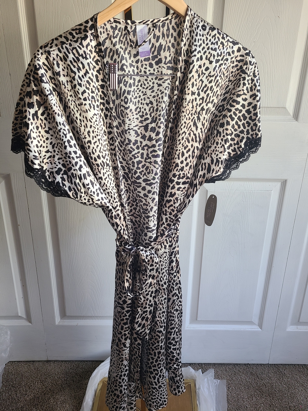 Secret Treasures Leopard Print Satin Robe with Black Lace Trim
